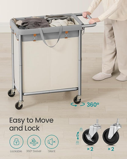 SONGMICS Laundry Basket with Wheels, 2-Section Rolling Laundry Hamper, 37 Gallons (140 L), Removable Liner, Steel Frame with Handle, 27.2 x 15.4 x 31.9 Inches, Dove Gray and Cream White URLS004GD02
