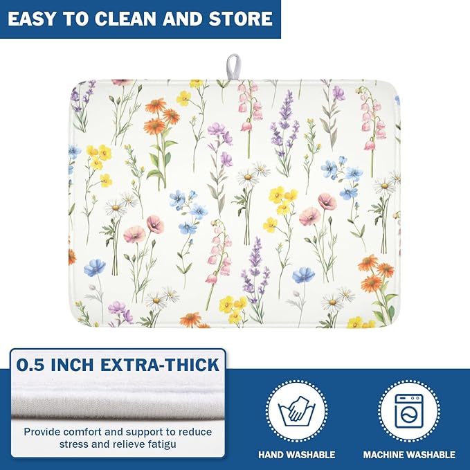 Spring Floral Dish Drying Mat for Kitchen Counter 18 x 24 Inch Colorful Flowers Dish Drainer Mat Absorbent Microfiber Dish Rack Pad for Summer Holiday Coffee Dining Bar Decor