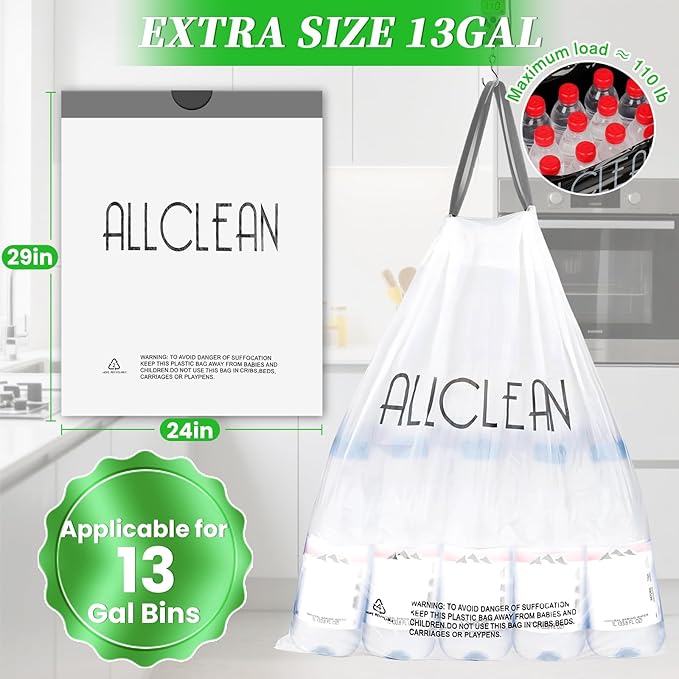 Trash Bags 13 Gallon Tall Kitchen Drawstring Garbage Bags,Fit 13 Gal Bins,Heavy Duty Tear&Leak Resistant Unscented Recyclable Trash Can Liners for Home Office Bathroom Garden Garage Outdoor