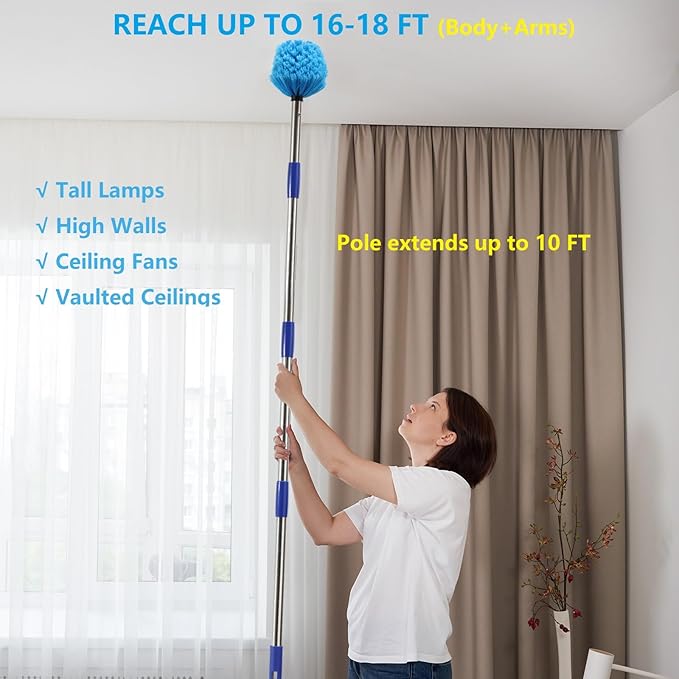 Cobweb Duster with Extension Pole, 10 FT Stainless Steel Pole with Spider Web Brush Head Ceiling Fan Duster for Outdoor Indoor Cleaning, Reach UP to 16-18 FT