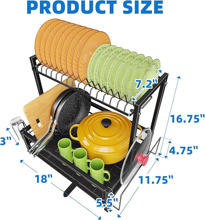 Simple Trending Dish Drying Rack, 2-Tier Dish Rack for Kitchen, Stainless Steel Dish Drainer, Black