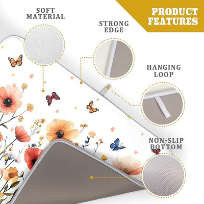 Poppy Flower Dish Drying Mat 18x24 Inch Floral Leaves Dish Drainer Protector Pad Washable Reversible Drying Pad for Kitchen Counter Sink