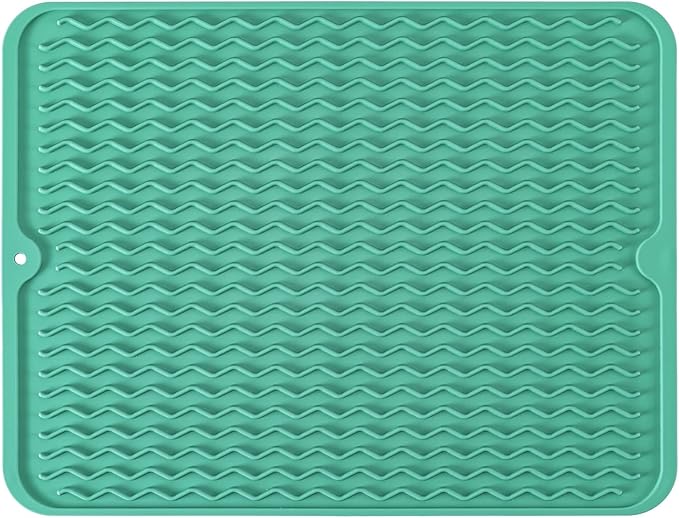 Large 17" x 14" Silicone Dish Drying Mat for Kitchen Counter, Easy clean, Quick Dry, Heat-resistant Dish Drainer Mat for Sink,Refrigerator or Drawer liner (Food Grade Silicone-Green)