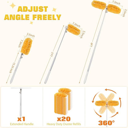 6 ft Extendable Duster Handle with 20 Pcs, 360° Heavy Duty Duster Refills Kit for Swiffer, 4X Electrostatic Microfiber for Cleaning Home, Effortlessly Reach Ceilings, Fans & Hard-to-Reach Areas