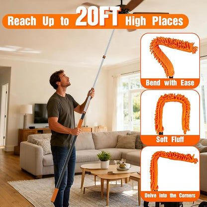 20FT Reach High Ceiling Duster Kit, Window Cleaning kit with 3-12FT Extension Pole, Fan Duster for Ceiling Fan Blades, Microfiber Feather Duster, Rotatable Window Squeegee and Cobweb Duster