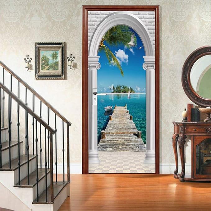 3D Door Stickers Murals Peel and Stick - Landscape Wallpaper Self-Adhesive Decals Removable PVC Waterproof Poster for Bedroom Living Room Decoration 34.6" x 78.7"