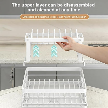BCWW Drying Rack Dishes Stainless Steel Large Capacity 2-Tier Drying Rack Kitchen Counter Organizer with Cup Holder, Utensil & Cutting Board Storage, Space Saving (White)