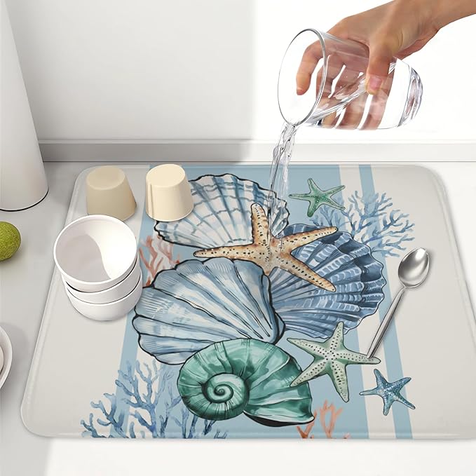 Summer Sea Shell Drying Mat 18x16 Inch, Starfish Drying Mat with Absorbent Reversible Microfiber, Coastal Dish Drainer Mats Holiday Ocean Rack Pad for Coffee Countertop Kitchen Protector
