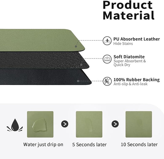HotLive Dish Drying Mat for Kitchen Counter, Heat Resistant Drainer Mats with Non-slip Rubber Backed, Hide Stain Kitchen Super Absorbent Draining Mat, Easy to Clean Dish Rack Pad, Green 16"x20"