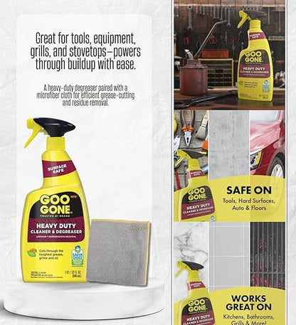 2x Goo Gone Citrus Scent Heavy Duty Degreaser 32 oz Liquid Bundle with Microfiber Cleaning Cloth – Cuts Through Grease, Grime, Oil, and Tough Build-Up on Multiple Surfaces – Gift Set (3 Items).