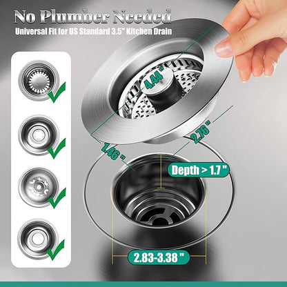 2PCS 3-in-1 Kitchen Sink Drain Strainer with Pop-Up sink stopper - 304 Stainless Steel Drain Filter & Anti-Clog Basket, Universal Fit for US Standard 3.5" Kitchen Drain