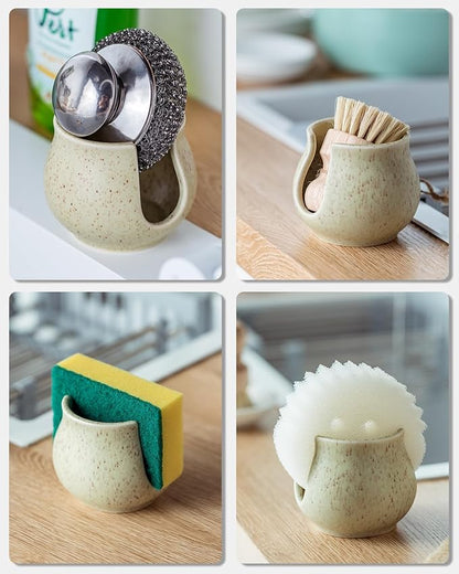 Zoeeker Ceramic Dish Sponge Holder, Sponge Caddy for Kitchen Sink Brush Organizer Scrub Dish Rack for Scrubbers, Bathroom, Sink, Yellow