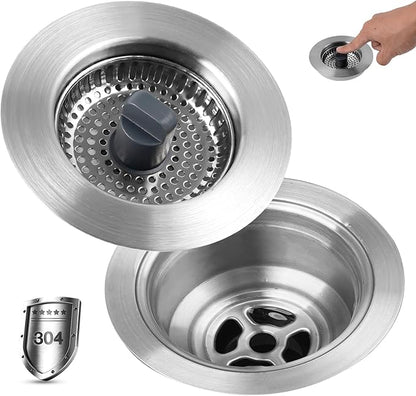 Universal All Metal Kitchen Sink Strainer with Drain Stopper Assembly, iFealClear Stainless Steel Pop Up Kitchen Sink Stopper, Dishwasher Safe, Fits US Standard 3-1/2'' Drain, Chrome Finished
