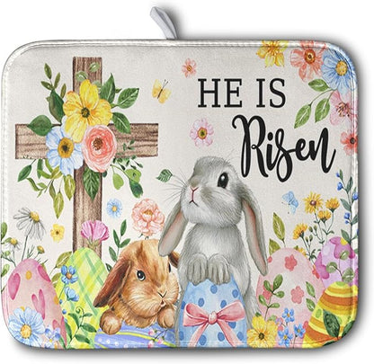 He is Risen Easter Dish Drying Mat for Kitchen Counter Bunny Floral Cross Dish Drainer Mats Spring Rabbit Flowers Egg Dish Drying Pads Absorbent Microfiber Reusable Dish Rack Mat 16x18 Inch