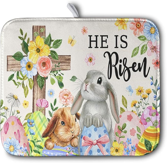 He is Risen Easter Dish Drying Mat for Kitchen Counter Bunny Floral Cross Dish Drainer Mats Spring Rabbit Flowers Egg Dish Drying Pads Absorbent Microfiber Reusable Dish Rack Mat 16x18 Inch