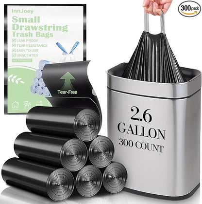 300 Count Small Drawstring Trash Bags for 2.6-Gallon (10 L) Trash Cans, Thick Pre-separated Garbage Bags, Mini Wastebasket can Liners for Bathroom Bedroom Office(Black)