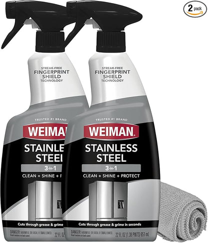Weiman Stainless Steel Cleaner & Polish, 2 Pack, Anti Fingerprint Spray Stainless Steel Cloth, Water Spots & Grease, No Streaks or Residue, Safe for Metal Polish, Chrome, Appliances, Sinks & Grills