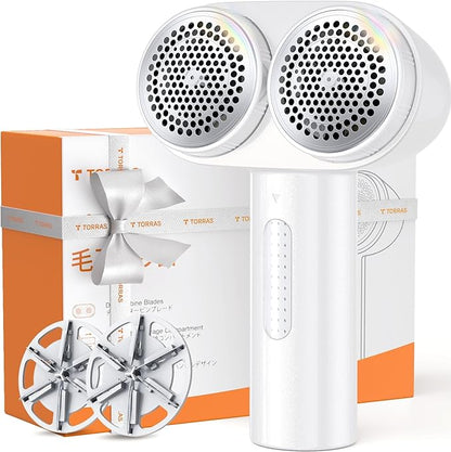 TORRAS Dual-Head Fabric Shaver, Longest Durability & 50ml Large Capacity Rechargeable Lint Removers to Remove Pills, 6-Leaf Blades Defuzzer, Electric Shaver for Clothes Couch Furniture, Pearl White
