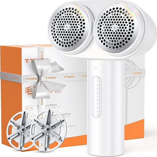 TORRAS Dual-Head Fabric Shaver, Longest Durability & 50ml Large Capacity Rechargeable Lint Removers to Remove Pills, 6-Leaf Blades Defuzzer, Electric Shaver for Clothes Couch Furniture, Pearl White