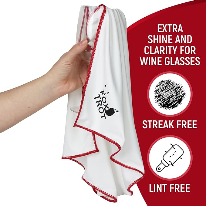 Fox Trot Large Microfiber Polishing Cloths (4 Pack White | Gray) | Streak Free, Lint Free Shine and Clarity for Wine Glasses, Stemware and More