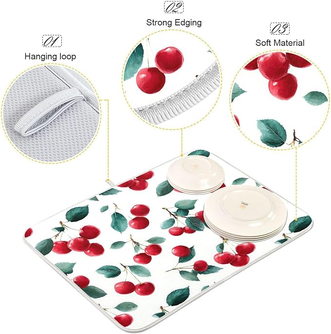 Red Cherry Leaves Dish Drying Mat for Kitchen Counter Absorbent Microfiber Drying Pad, Medium 16x18 in