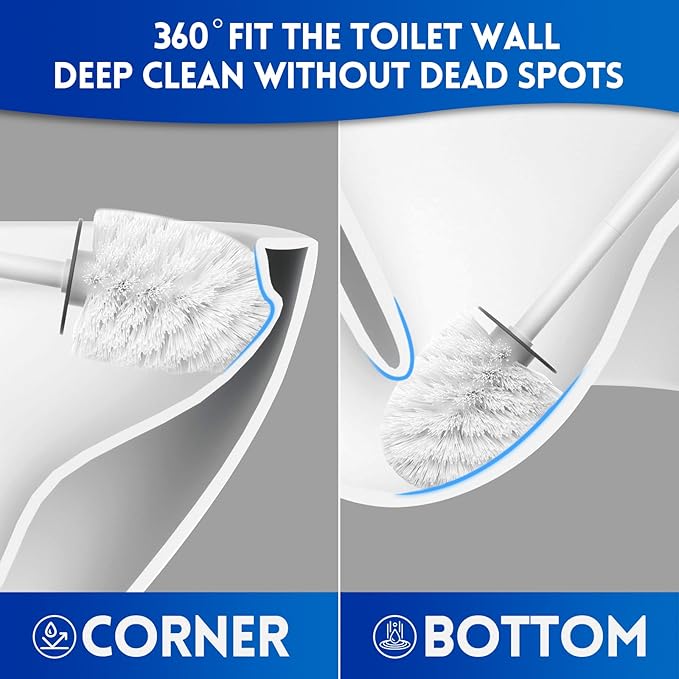Y-in Hand Toilet Bowl Brush and Holder Set, Compact Toilet Scrubber Brush for RV and Bathroom Cleaning, Durable Classic 360°PP Bristle, Drip-Proof, Wall Mountable.（White）