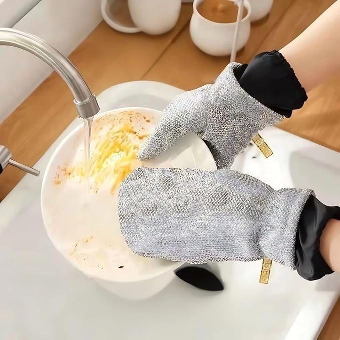 Dishwashing Gloves Nylon Scrubber Cleaning Mittens with PVC Lining & Hanging Strap for Housework Kitchen (Medium)