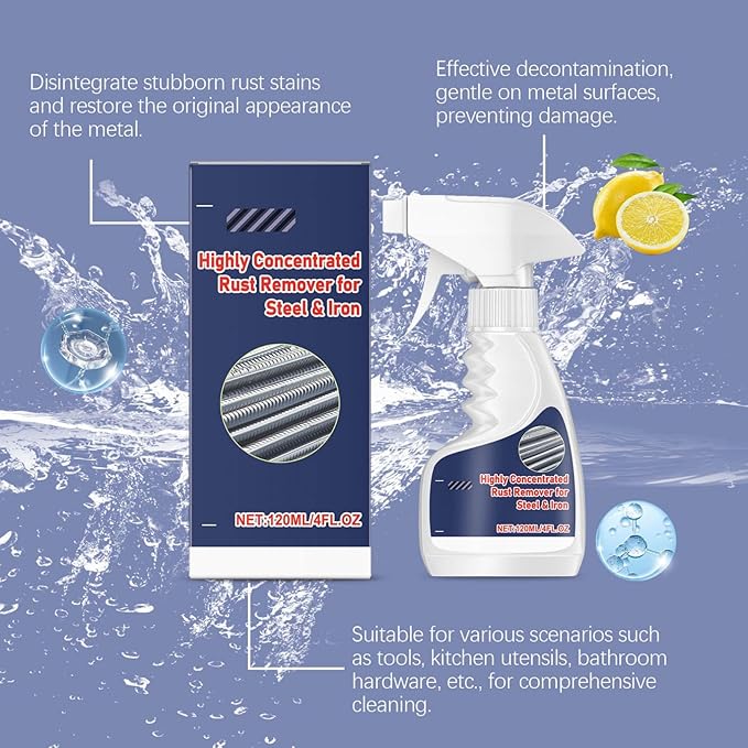 120ml Highly Concentrated Rust Remover for Steel & Iron – Fast-Acting Rust Remover Spray for Tools, Kitchen Utensils, Bathroom Hardware, Multi-Scene Rust Stain Remover (2pack)