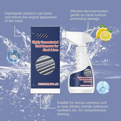120ml Highly Concentrated Rust Remover for Steel & Iron – Fast-Acting Rust Remover Spray for Tools, Kitchen Utensils, Bathroom Hardware, Multi-Scene Rust Stain Remover (2pack)