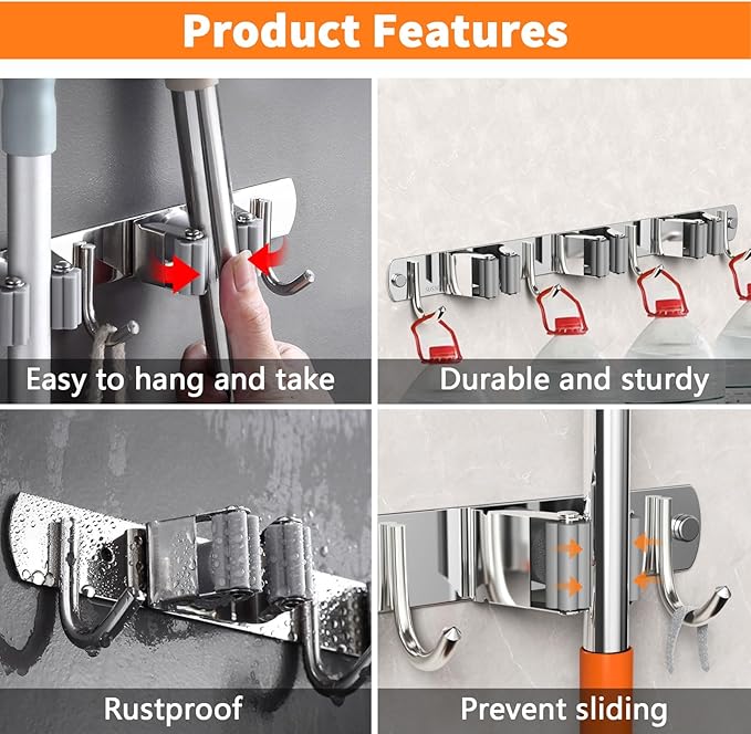 CUXIXA 2 Pack Mop and Broom Holder Wall Mount, Non-slip Broom Hanger Wall Mount, Heavy Duty Mop Broom Organizer for Kitchen Garden Garage Laundry Room Wall Decor Organization and Storage Silver 5R4H