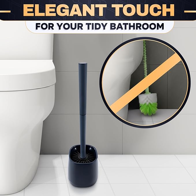 Toilet Brush and Holder Set - Silicone Toilet Bowl Brush with Black Holder Base, Compact Bath Accessory for Small Spaces - Easy to Place and Simple to Store After Use, Plastic Bathroom Cleaning Tool