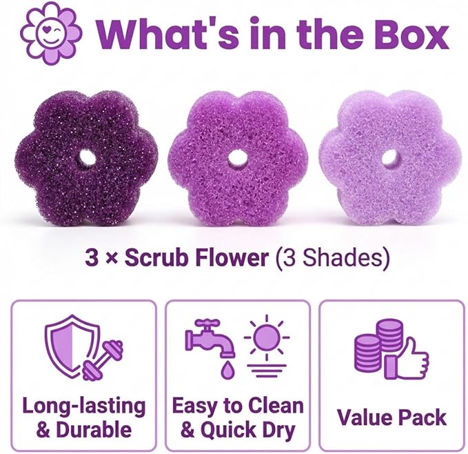 Scrub Flower Temperature Sensitive Sponges -Non-Scratch Scrubbers for Kitchen & Home - Firm in Cold & Soft in Warm Water - Odor Resistant Color-Coded Dish Sponges (Lavender Mist, 3 Count)