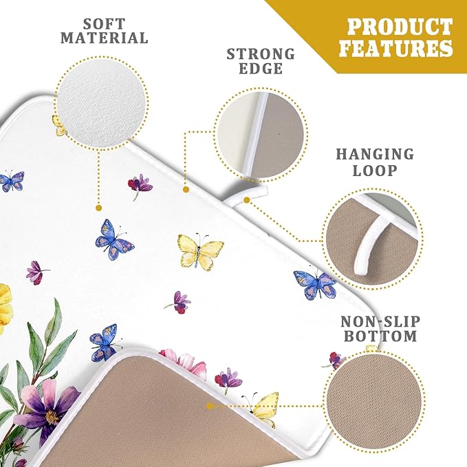 Wildflower Dish Drying Mat for Kitchen 18x16 Inch Colorful Floral Butterfly Drying Mat with Absorbent Reversible Microfiber Season Spring Dish Drainer Mats Rack Pad for Coffee Countertop Protector