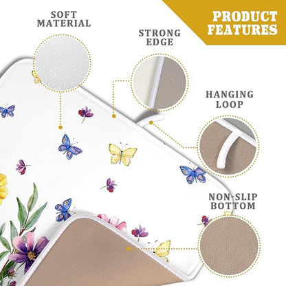 Wildflower Dish Drying Mat for Kitchen 18x16 Inch Colorful Floral Butterfly Drying Mat with Absorbent Reversible Microfiber Season Spring Dish Drainer Mats Rack Pad for Coffee Countertop Protector