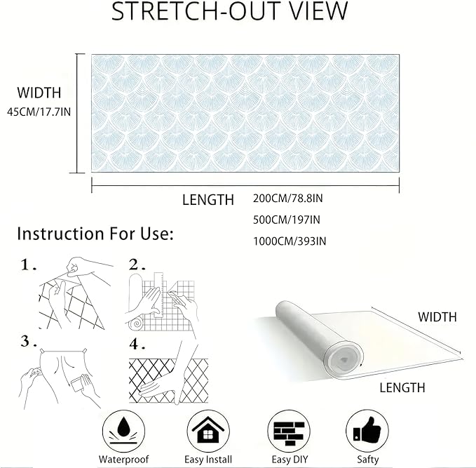 Modern Peel and Stick Wallpaper 17.3''×393'' Self Adhesive Wallpaper Blue and White Decorative Contact Paper Boho Removable Wall Paper for Bedroom Waterproof Wallpapers Bathroom Cabinets Decor Vinyl