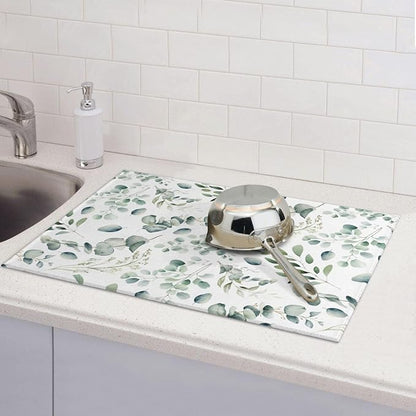 Dish Drying Mat for Kitchen Counter Microfiber Absorbent Dish Draining Reusable Washable Extra Large 18"x24" (Sage Leaves, 18x24in)