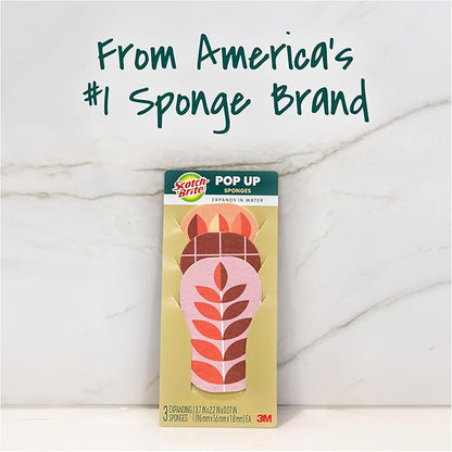 Scotch-Brite Harvest Pop Up Kitchen Sponges, Unique Compressed Kitchen Sponge for Cleaning Gently, Autumn Pattern Dish Sponge that Expands in Water, 3 Scrubbing Sponges