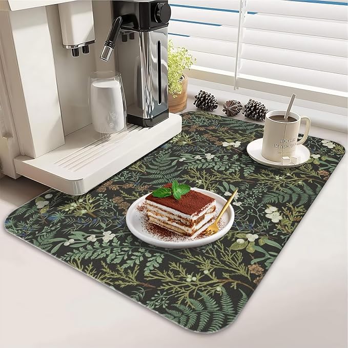 Dish Drying Mat for Kitchen Counter 2 Pack with Non-Slip Rubber Backing - Heat-Resistant Absorbent Coffee Bar Mat, Dish Rack Mat, Green Plants Dish Drying Mats 18x24+19.5x12 inch
