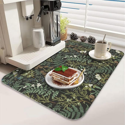 Dish Drying Mat for Kitchen Counter 2 Pack with Non-Slip Rubber Backing - Heat-Resistant Absorbent Coffee Bar Mat, Dish Rack Mat, Green Plants Dish Drying Mats 18x24+19.5x12 inch