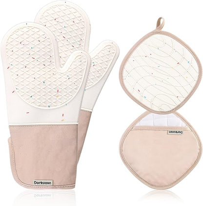 Oven Glove Cute,Cooking Mittens,Oven Mittens for Kitchen,Oven Gloves for Kitchen,Washable Silicone Oven Mitts Heat Resistant 500°F, Potholders for Kitchens Cooking Baking(Cream