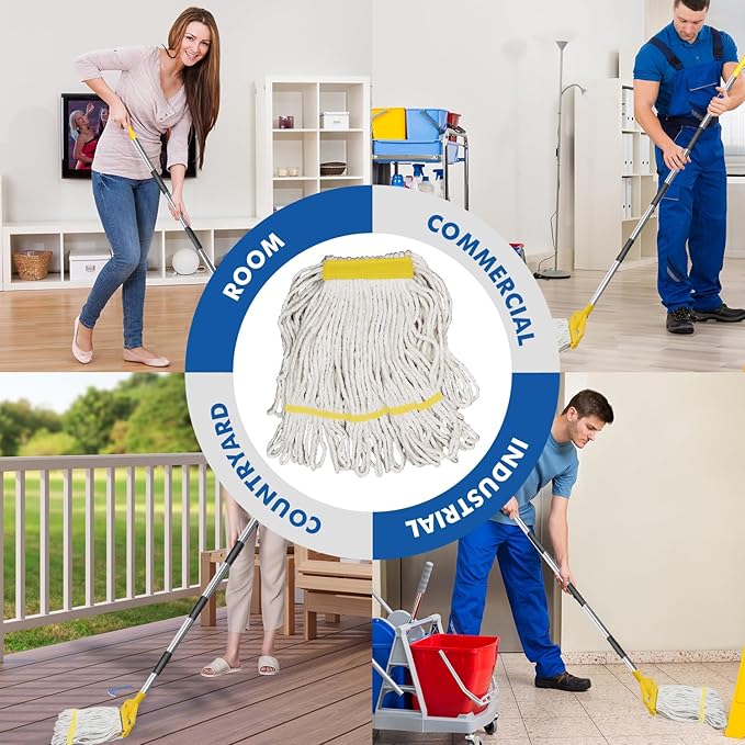 KULED Heavy Duty Industrial Mop, Commercial Cotton Mop with 59 Inch Handle, Looped-End String Wet Mops with 2 Heads for Floor Cleaning, Workshop, Warehouse, Home and Garage