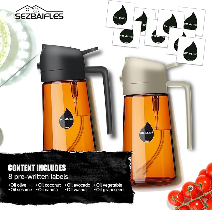 2 in 1 Oil Sprayer for Cooking, Olive Oil Dispenser Bottle for Kitchen Spray and Pour, 16oz/470ml Light-Blocking Dark Amber Glass Brown Bottle, Food-Grade Oil Mister for Air Fryer Green Cap