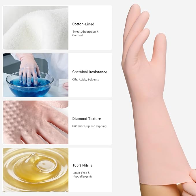ThxToms 2 Pair Nitrile Dishwashing Cleaning Gloves,with Cotton Flocked Liner,Skin-Friendly & Anti-Slip Design,Y&P
