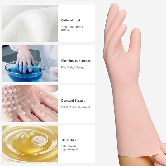 ThxToms 2 Pair Nitrile Dishwashing Cleaning Gloves,with Cotton Flocked Liner,Skin-Friendly & Anti-Slip Design,Y&P