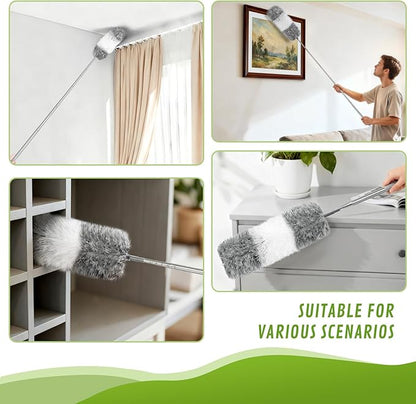 15-Piece Microfiber Feather Duster Set with Extension Pole (16.1" to 100"), Bendable Flat Duster for Under Appliances, Cobweb & Ceiling Fan Duster for Cobweb, Ceiling Fan, Blind, Furniture
