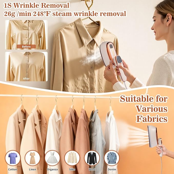 Portable 1500W Handheld Garment Steamer – 20s Rapid Heat-Up, 17 Steam Vents, 8 One-Touch Fabric Modes, 260 mL Tank for Home, Travel & Business
