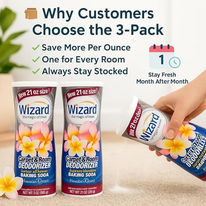 Wizard Carpet Deodorizer with Baking Soda, Hawaiian Retreat Scent Odor Eliminator, Carpet Freshener & Pet Odor Absorber, Carpeting Powder Air Freshener for the Home – 3-Pack, 21 oz per Bottle