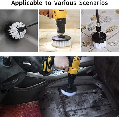 8 Pcs Drill Brush Attachment Set, Power Cleaning Scrub Brush Kit with Extend Long Attachment, All Purpose Drill Scrub Brushes for Car, Grout, Floor, Tub, Bathroom and Kitchen (White)