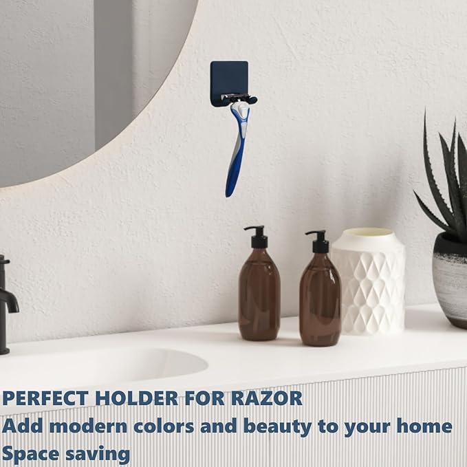 VANZAVANZU Razor Shaver Holder for Shower Wall Adhesive Hooks for Hanging, Bathroom Silicone Waterproof Shower Hooks Hair Brush Holder for Towel (2 Pack-White+Navy Blue)