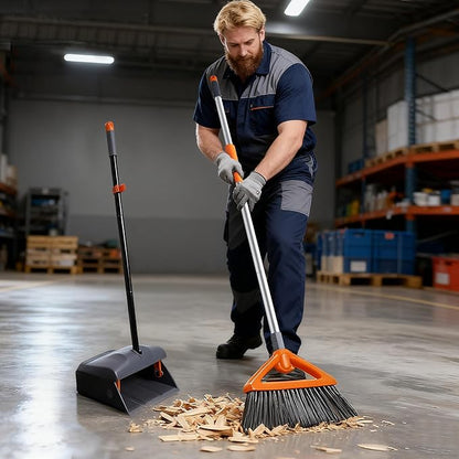 Heavy Duty Broom with Dustpan Combo Set Indoor and Outdoor Dual Purpose,Stiff Bristle Commercial Angle Broom and Standing Dust Pans with Long Handle for Sweeping Home,Kitchen,Yard,Grey